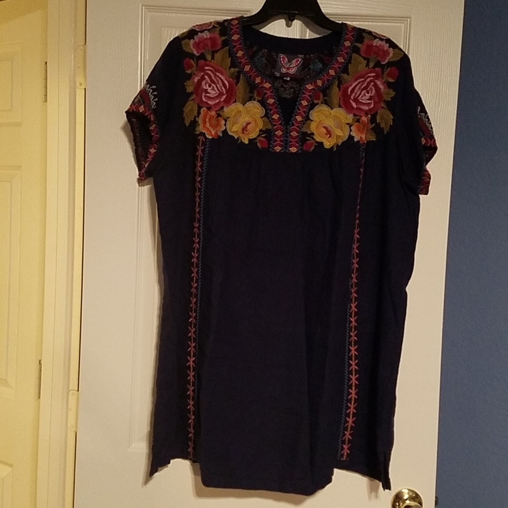 Johnny Was linen navy embroidered boho dress